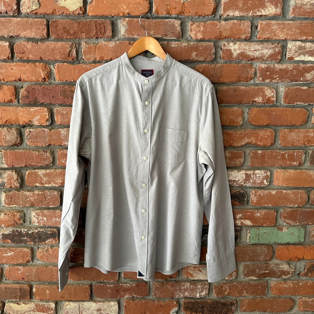 UNTUCKit Men's XL Slim Fit Gray Band Collar Long Sleeve Shirt 100% Cotton
